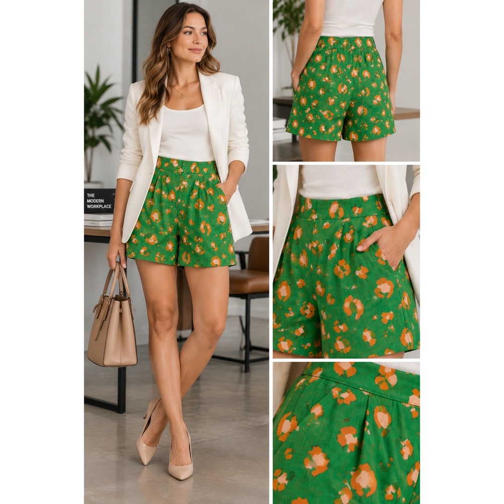 Tabitha Brown Target Shorts Women S Green Leopard Linen Blend Pleated Tropical